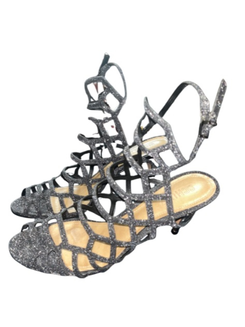 Schutz Morley Caged Sandals Silver Black Glitter Size 8B